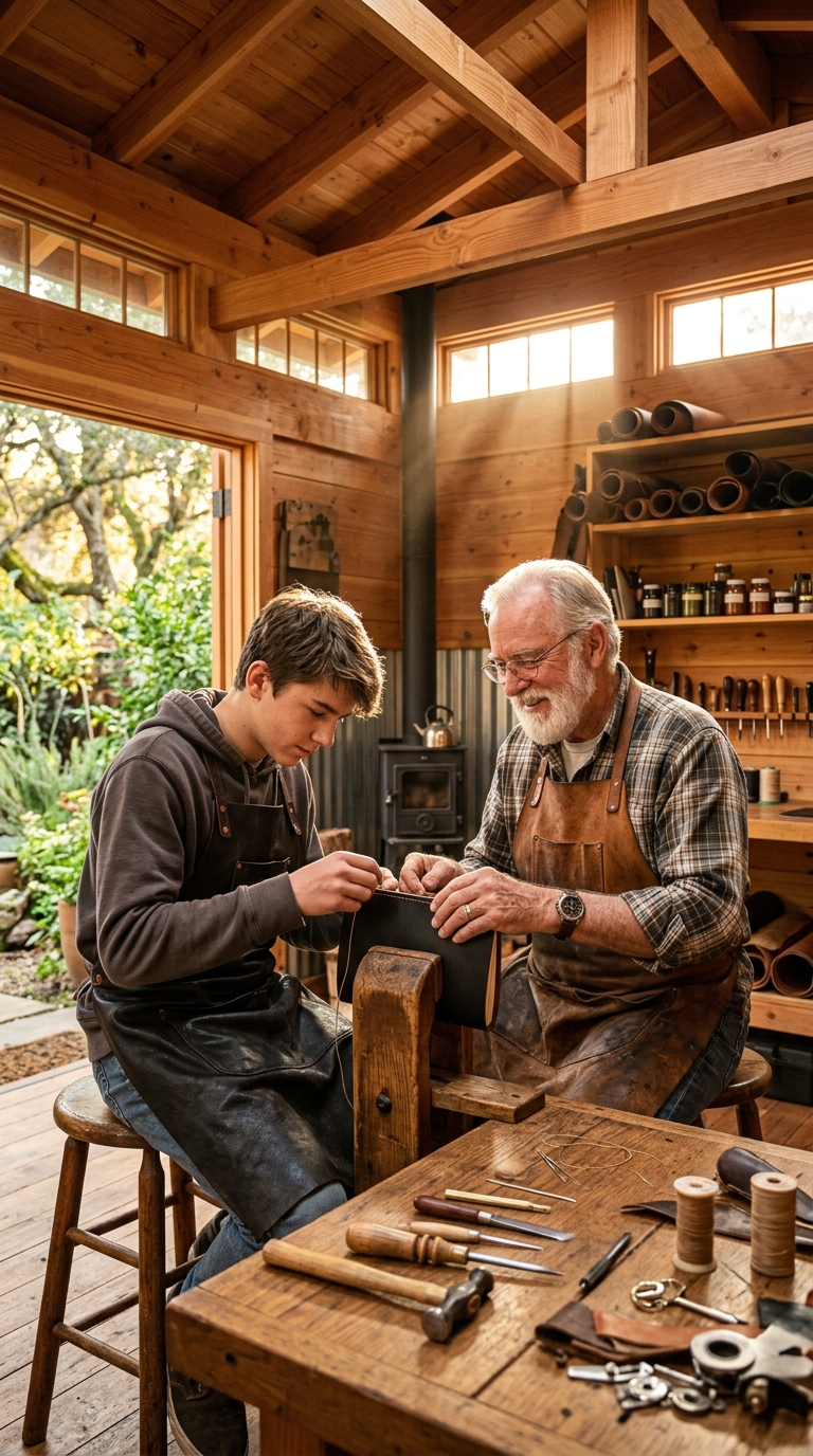 Grandfather teaching grandson saddle stitch leathercraft on stitching pony
