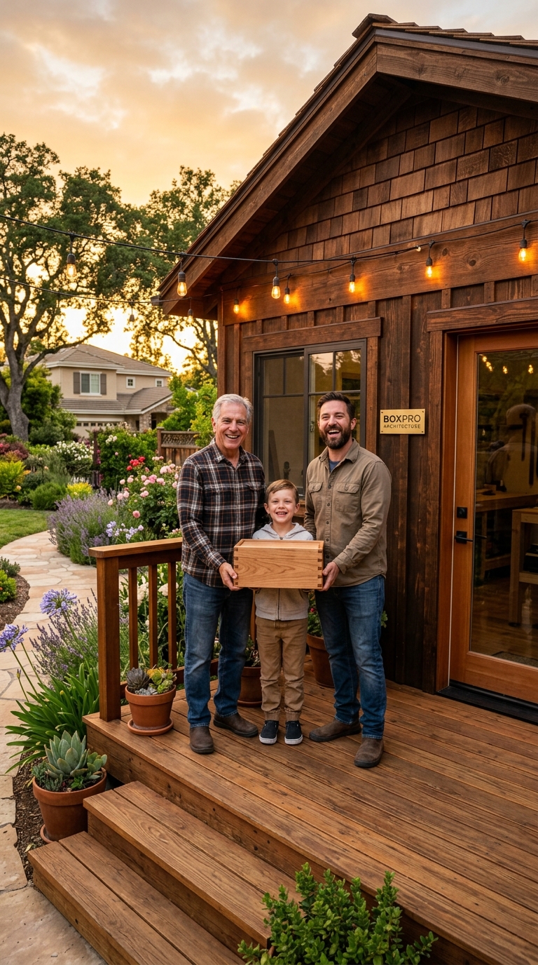 Three generations grandfather father son smiling on cedar porch holding wooden project