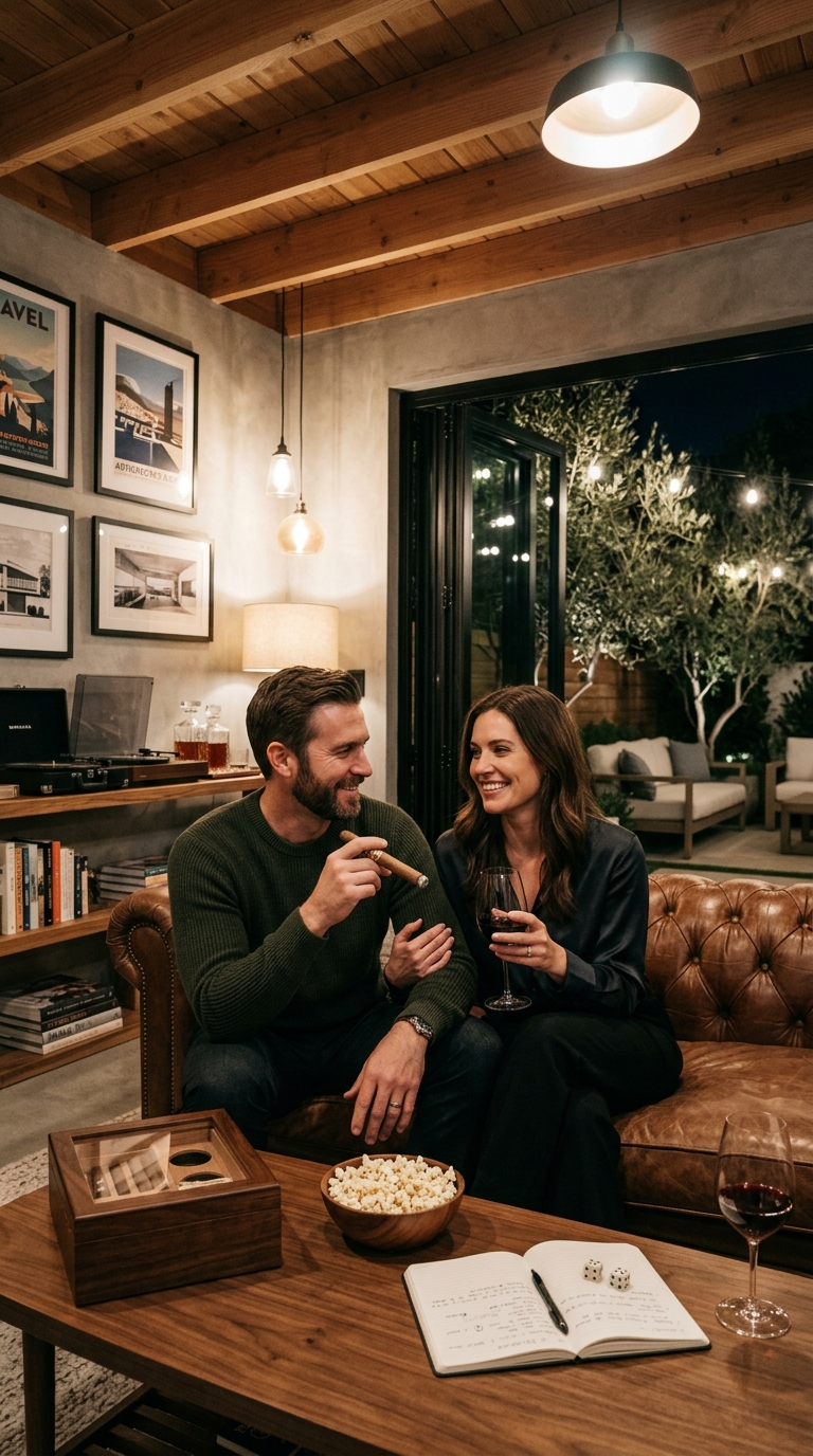Husband and wife enjoying wine and cigars in luxury man cave
