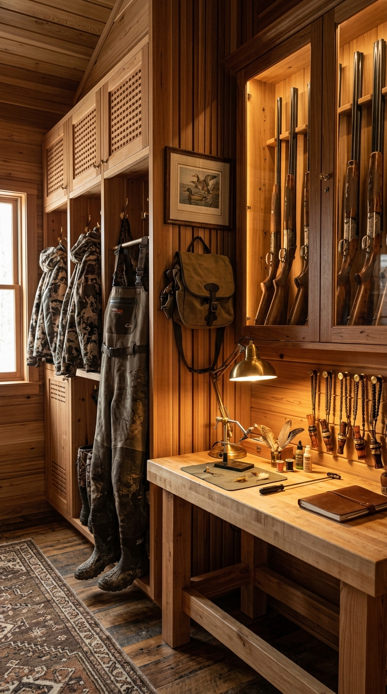 Interior custom gear lockers, wader racks, gun cleaning workbench in Sutter County hunting shed