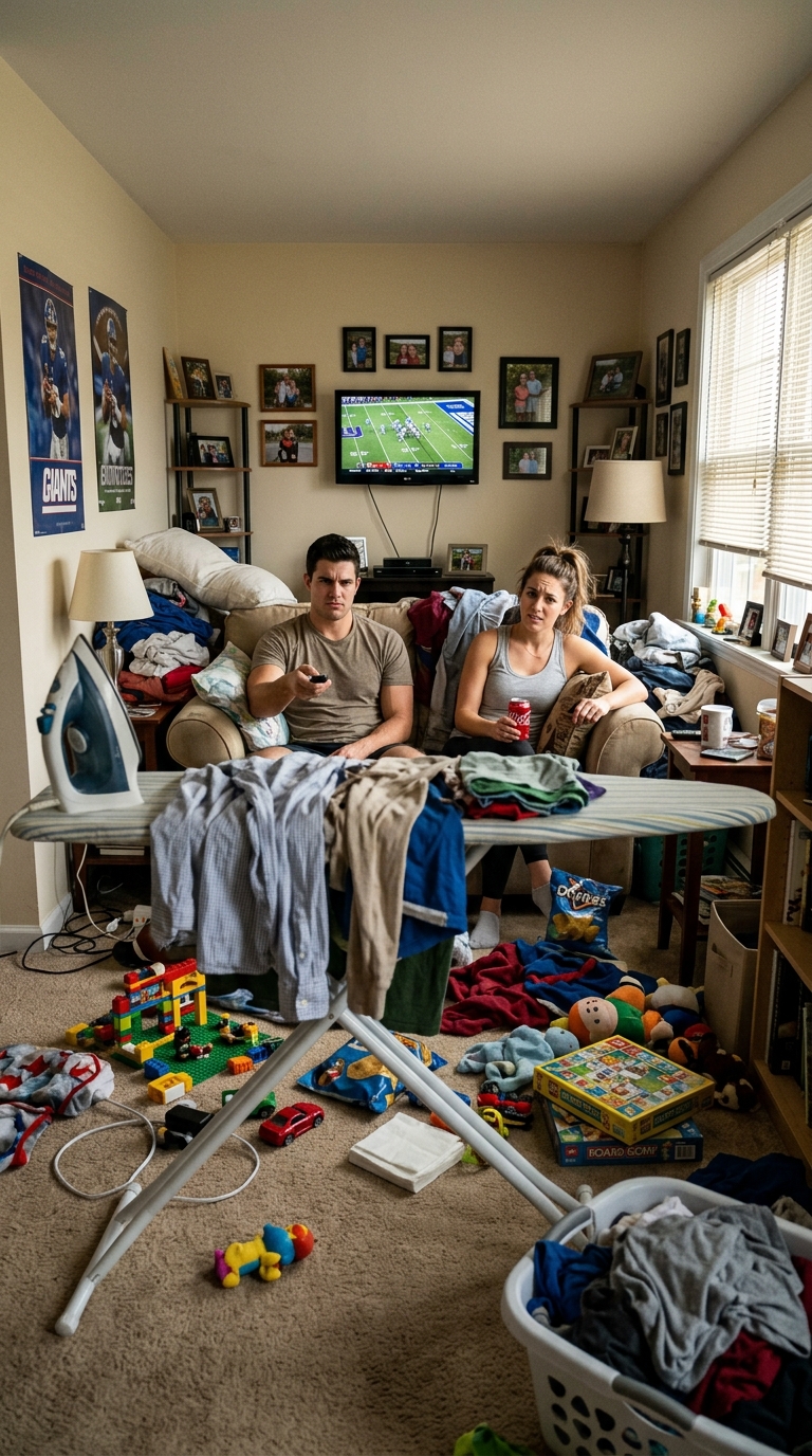 Slide 1: The Cramped Living Room Dilemma: Shushing friends during overtime to avoid waking the house.
