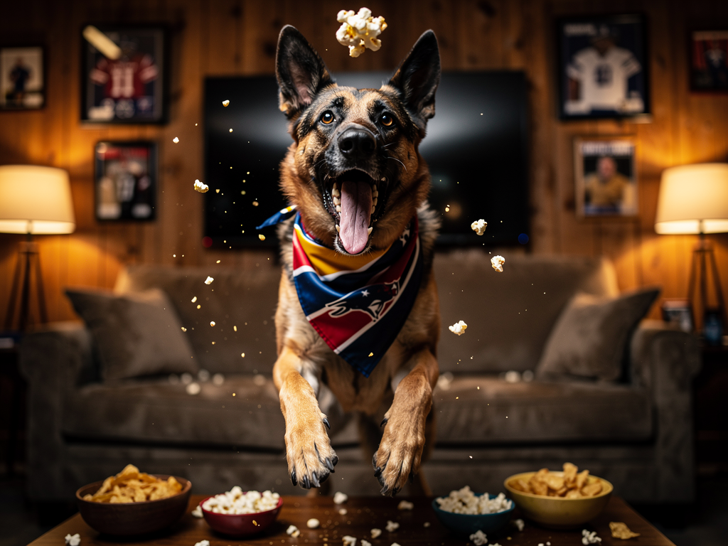 Slide 4: Popcorn Catch Champion: German Shepherd celebrating the go-ahead touchdown pass.