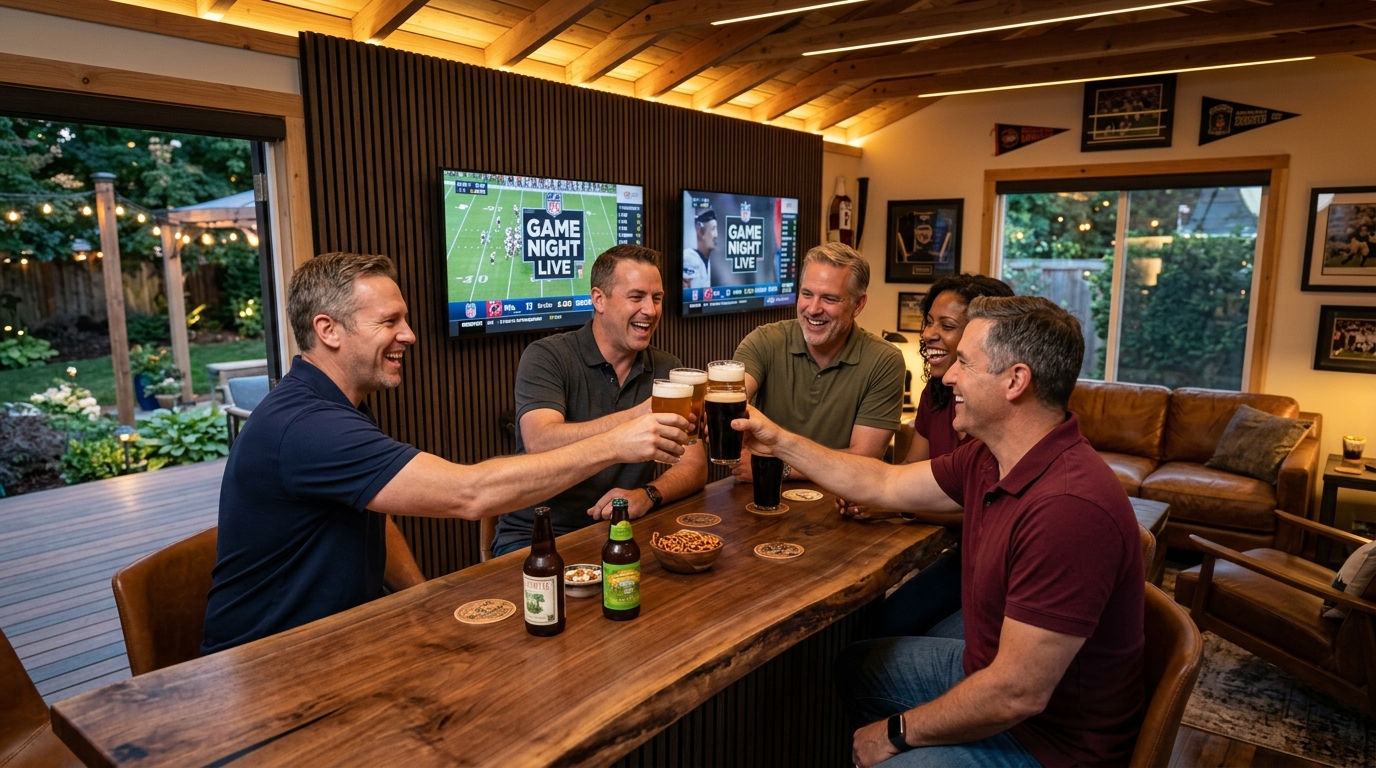 Slide 6: The Squad Gathering: Live-edge walnut bar counter, frosted steins, and game-day feast.