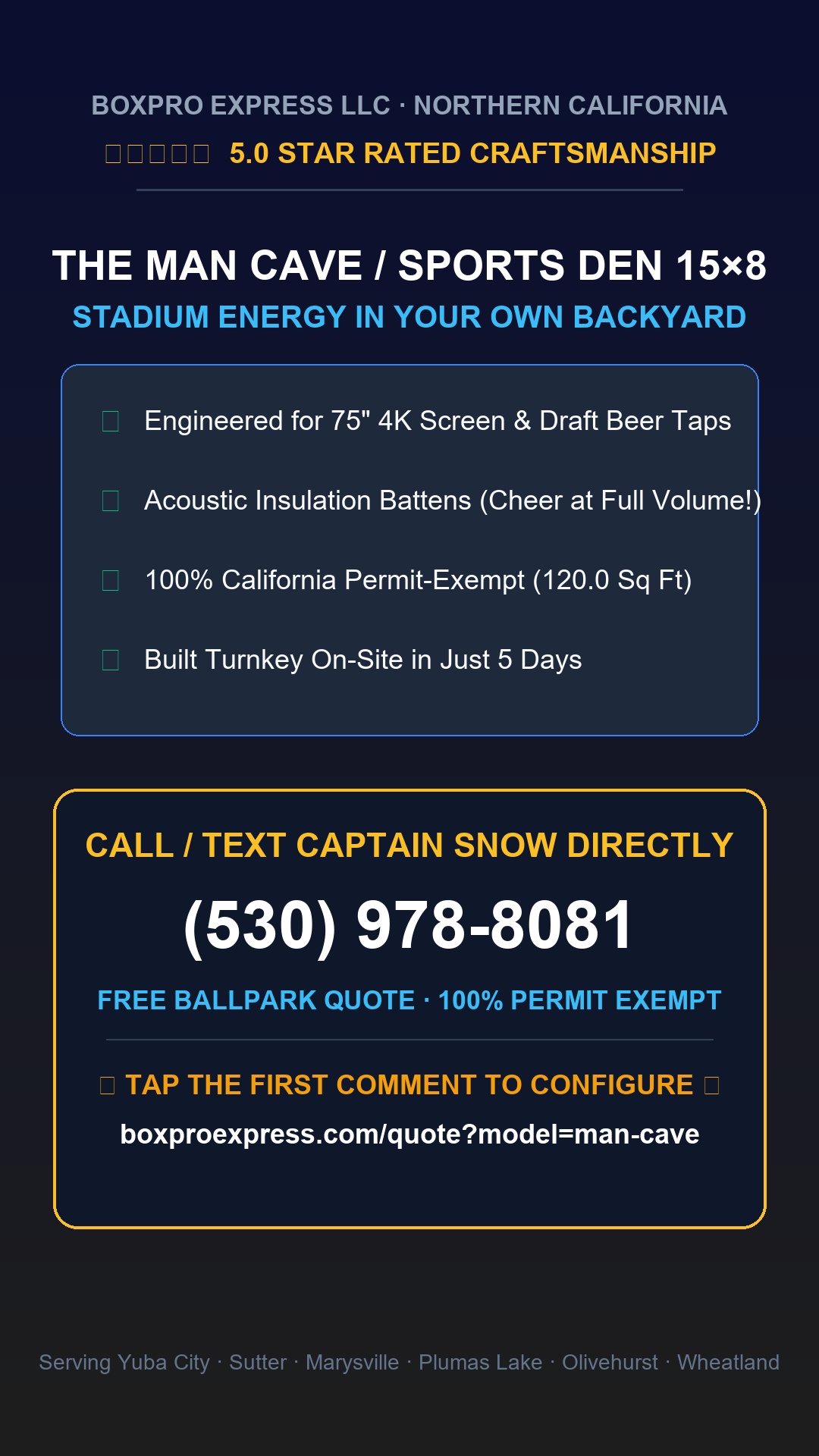 Slide 9: Claim Your Game Day Build Date: Call (530) 978-8081 for your custom quote.