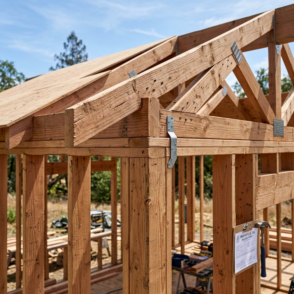 High-wind heavy timber 2x4 framing construction detail Marysville CA