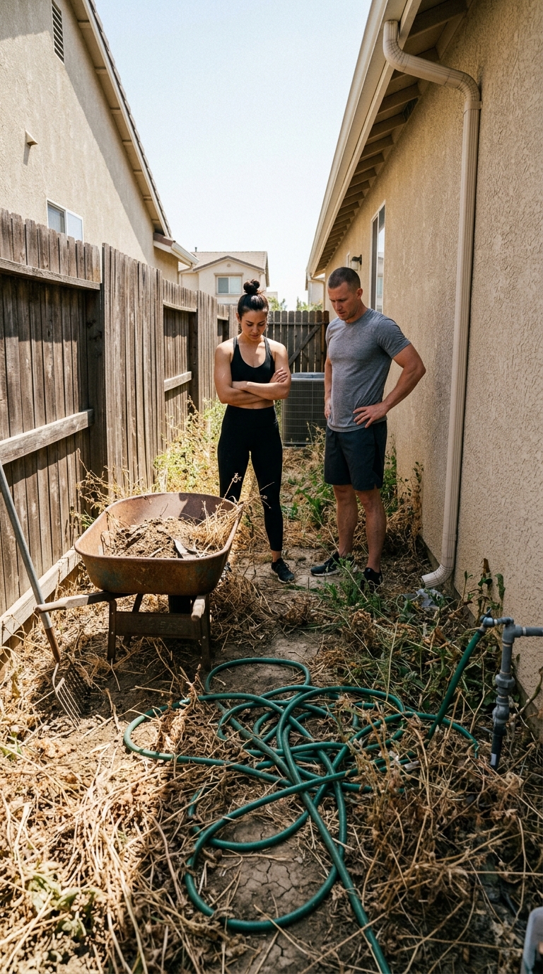 Slide 1: The Wasted Side-Yard Strip: 10 feet of dead weeds, mud, and tangled hoses between stucco and fence.