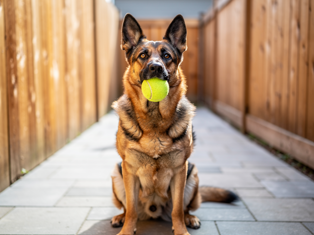 Slide 4: Tennis Ball Inspector: German Shepherd approving the clean, clutter-free side yard pathway.