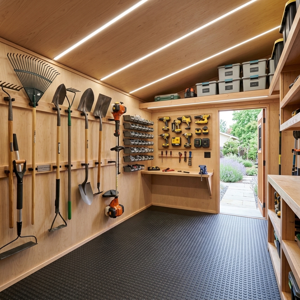 Slide 6: Floor-to-Ceiling Organization: Galvanized shelving, tool hooks, and heavy-duty subfloors.