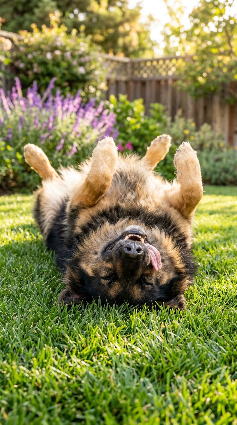 Slide 4: Canine Zen Master: German Shepherd soaking in the peaceful morning calm on the rug.