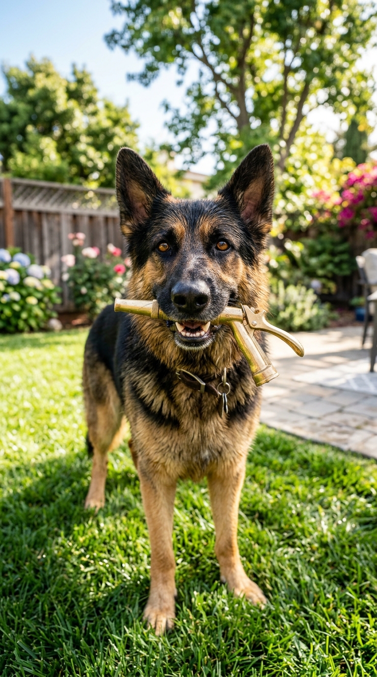 Slide 4: Head of Security on Duty: The German Shepherd supervising the new backyard headquarters.