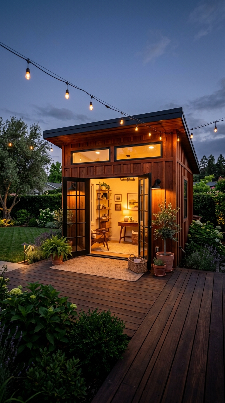 Slide 8: Twilight Radiance: Warm amber exterior sconces highlighting California redwood board & batten.