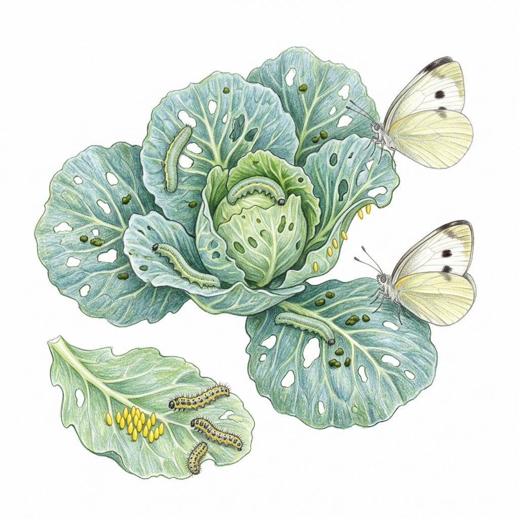 Cabbage white caterpillars (Pieris rapae and Pieris brassicae), illustration