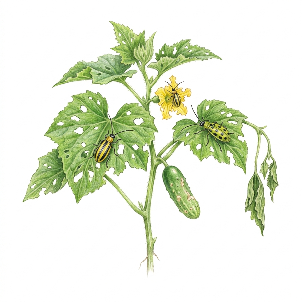 Cucumber beetles (Acalymma (striped) and Diabrotica (spotted) species), illustration