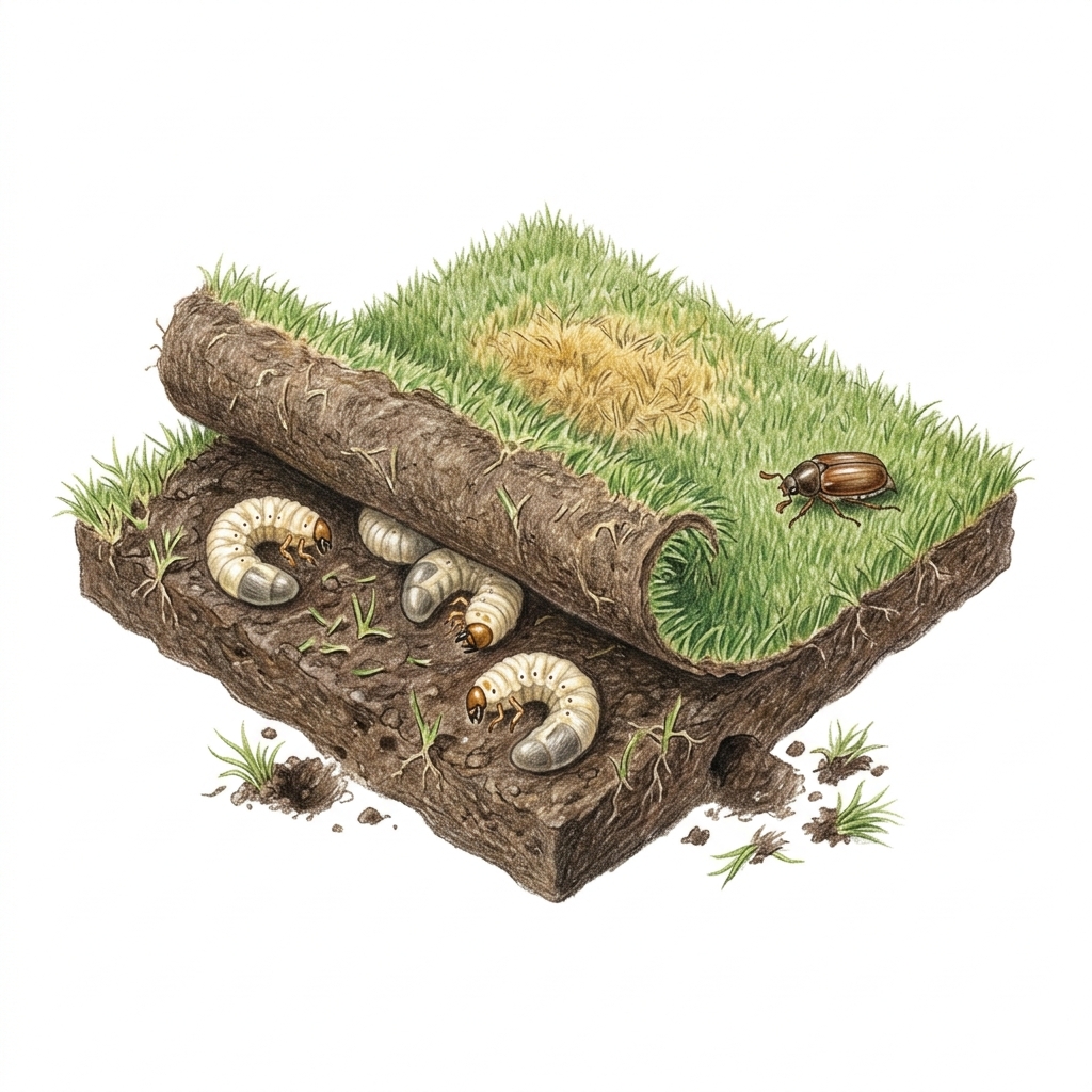 Lawn grubs (Phyllopertha horticola, Heteronychus arator, Popillia japonica and related scarab beetles), illustration