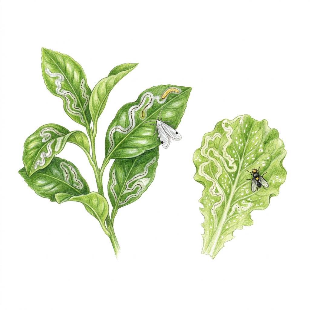 Leaf miners (Liriomyza, Phyllocnistis citrella and many other species), illustration