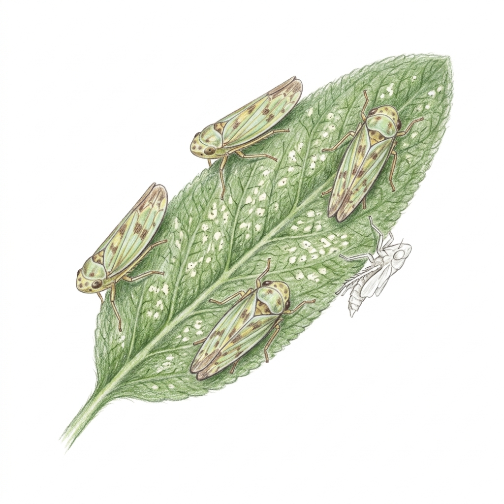 Leafhoppers (Cicadellidae (many species), including Eupteryx melissae, Eupteryx decemnotata, Edwardsiana rosae and Macrosteles fascifrons), illustration