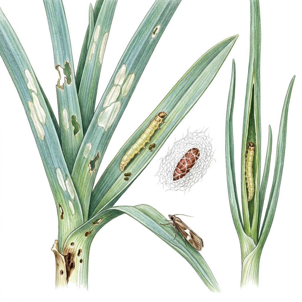 Leek moth (Acrolepiopsis assectella), illustration
