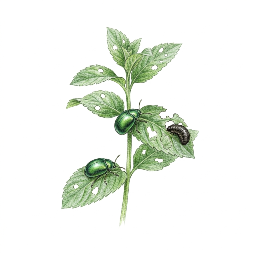 Mint beetle (Chrysolina herbacea), illustration