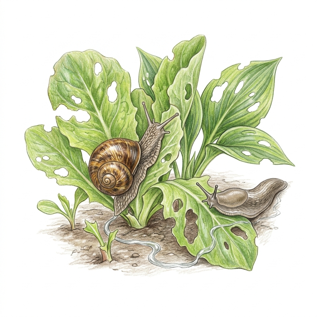 Slugs and snails (Cornu aspersum (brown garden snail) and many other species), illustration