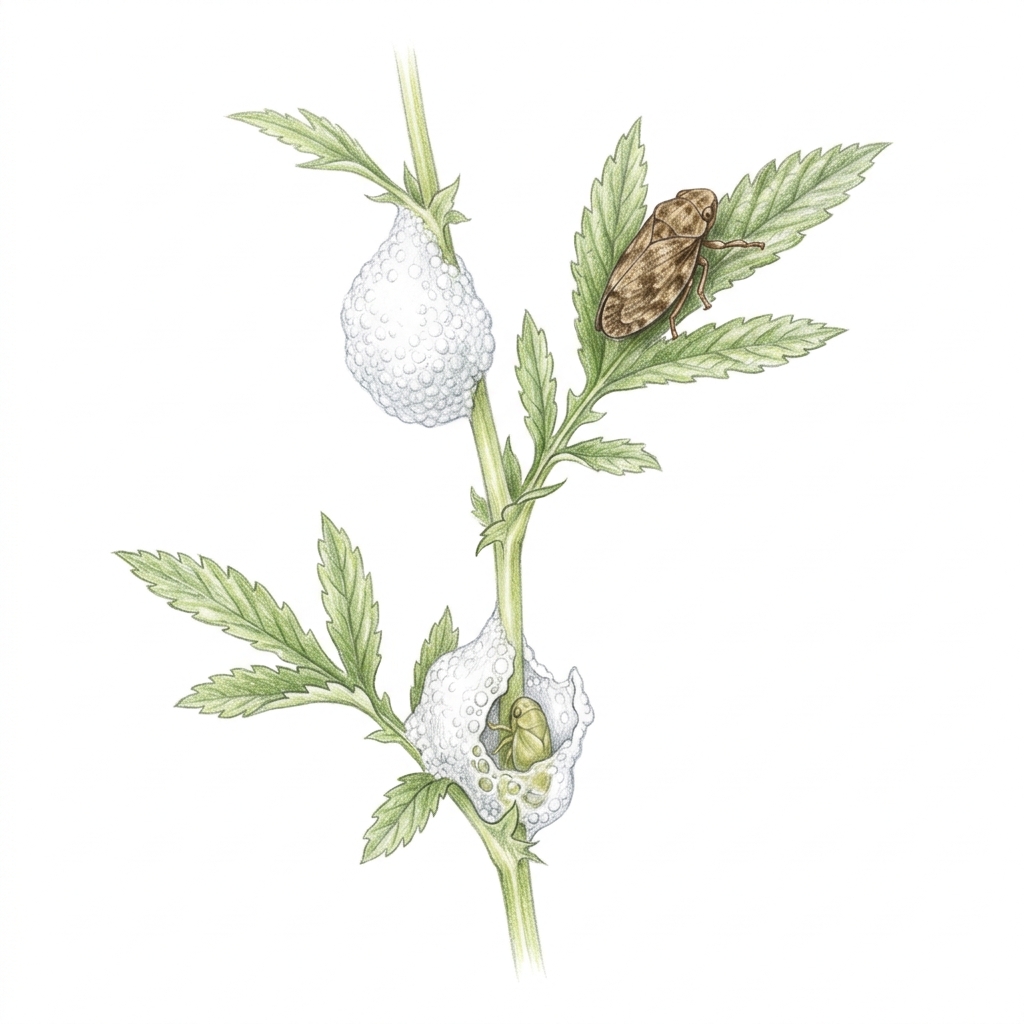 Spittlebugs (Philaenus spumarius (meadow spittlebug) and other froghoppers (Aphrophoridae, Cercopidae)), illustration