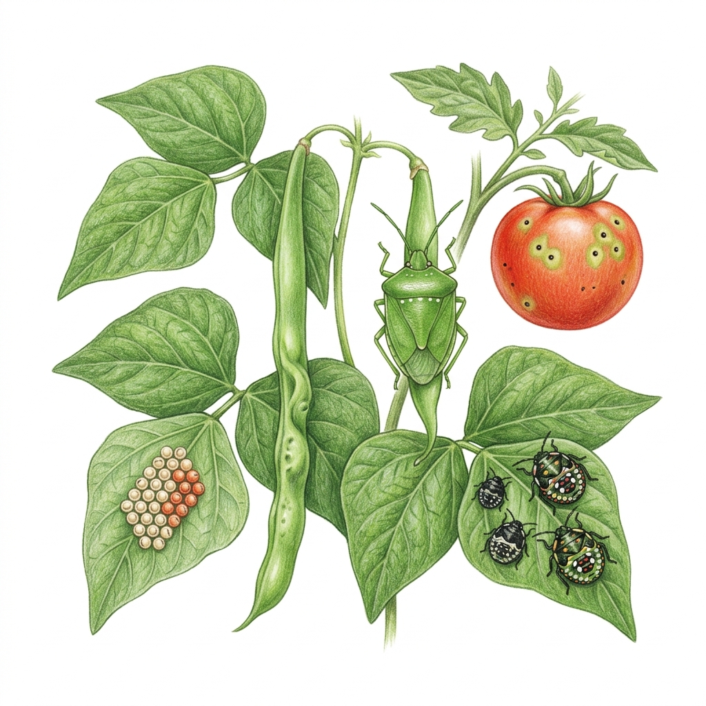 Stink bugs (Nezara viridula, Halyomorpha halys, Musgraveia sulciventris and related shield bugs), illustration