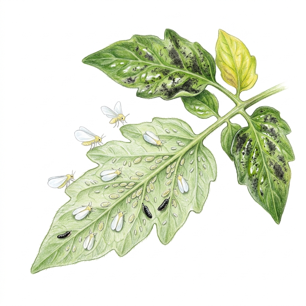 Whitefly (Trialeurodes vaporariorum, Bemisia tabaci and related species), illustration