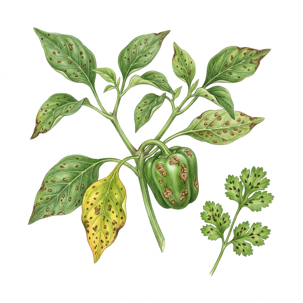 Bacterial leaf spot (Xanthomonas species (capsicum and chilli); Pseudomonas syringae and relatives (coriander and rocket)), illustration