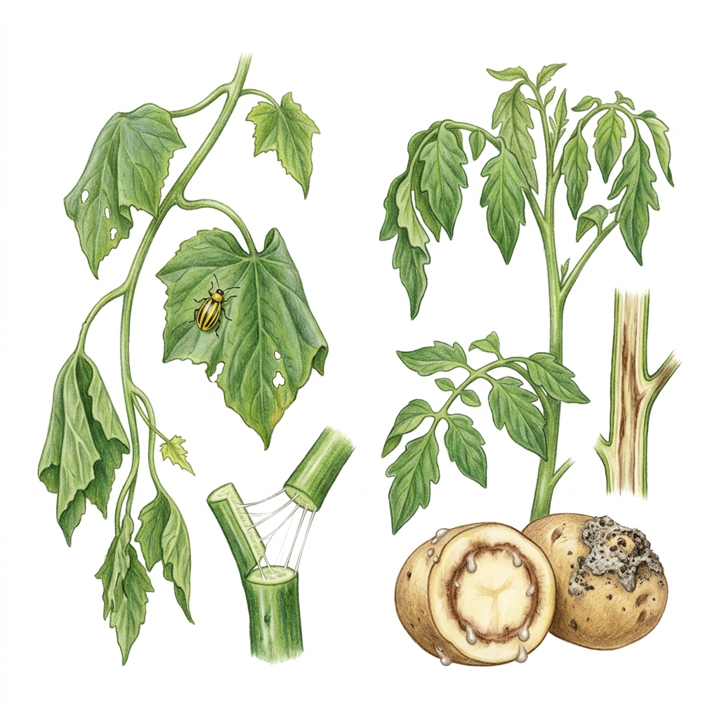 Bacterial wilt (Erwinia tracheiphila (cucurbits); Ralstonia solanacearum species complex (tomatoes, potatoes and others)), illustration