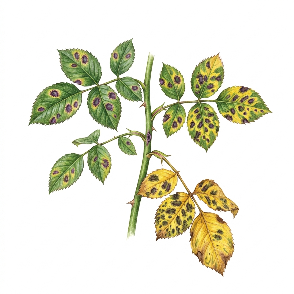Rose black spot (Diplocarpon rosae), illustration