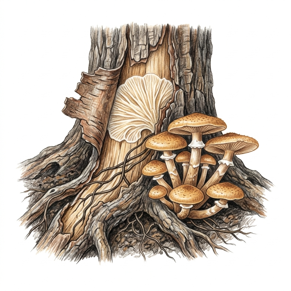 Honey fungus (Armillaria species), illustration