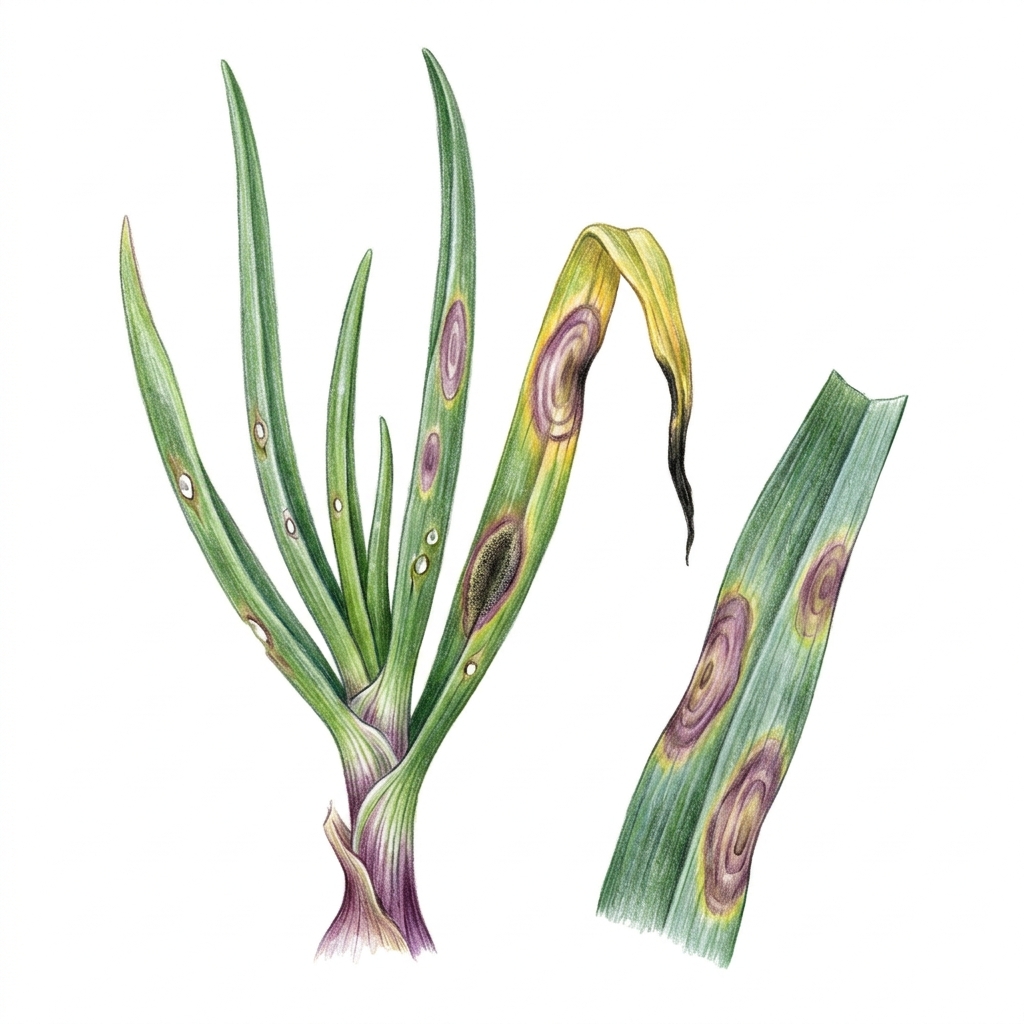 Purple blotch (Alternaria porri), illustration