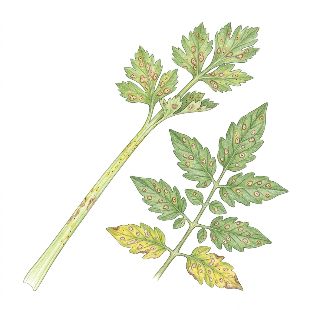 Septoria leaf spot (Septoria apiicola (celery and celeriac), Septoria petroselini (parsley) and Septoria lycopersici (tomatoes)), illustration