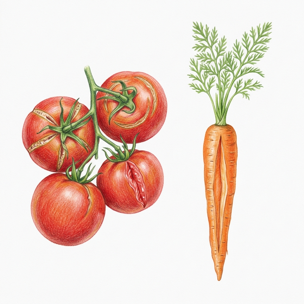 Split fruit and roots, illustration