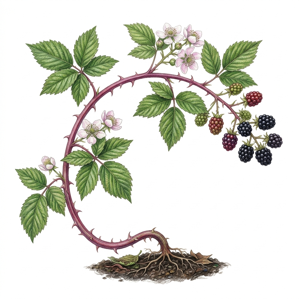 Blackberry (Rubus fruticosus agg.), illustration