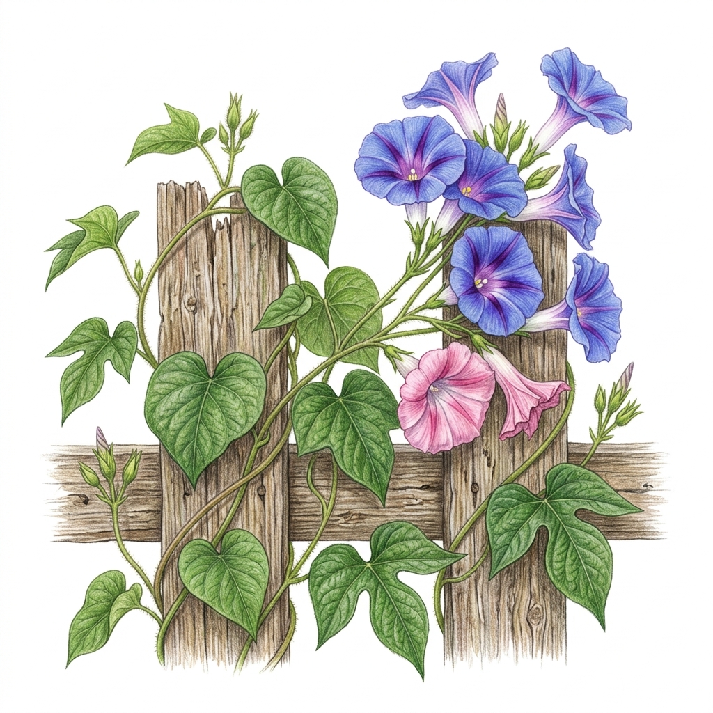Blue morning glory (Ipomoea indica), illustration