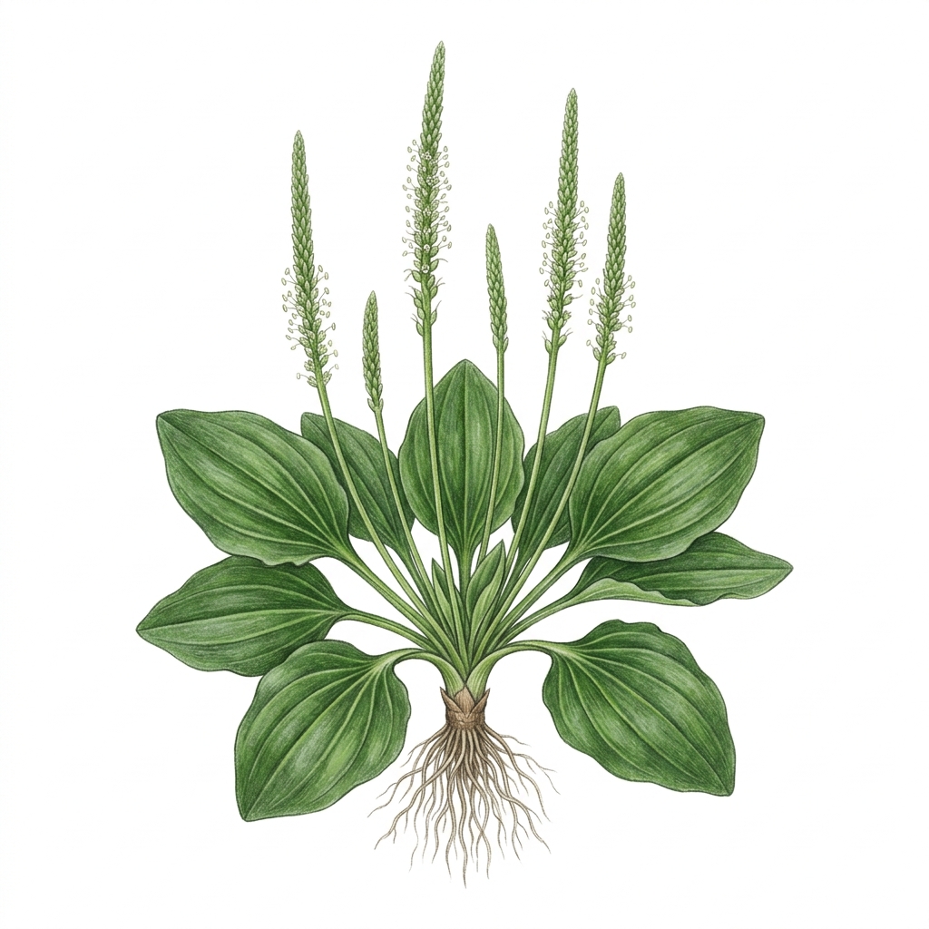 Broadleaf plantain (Plantago major), illustration