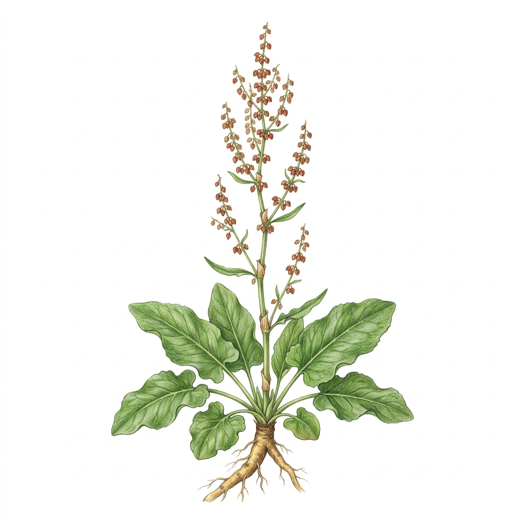 Broad-leaved dock (Rumex obtusifolius), illustration
