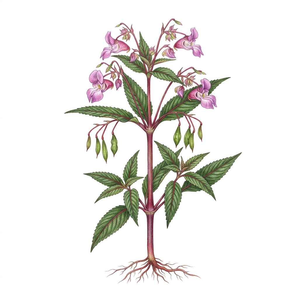 Himalayan balsam (Impatiens glandulifera), illustration