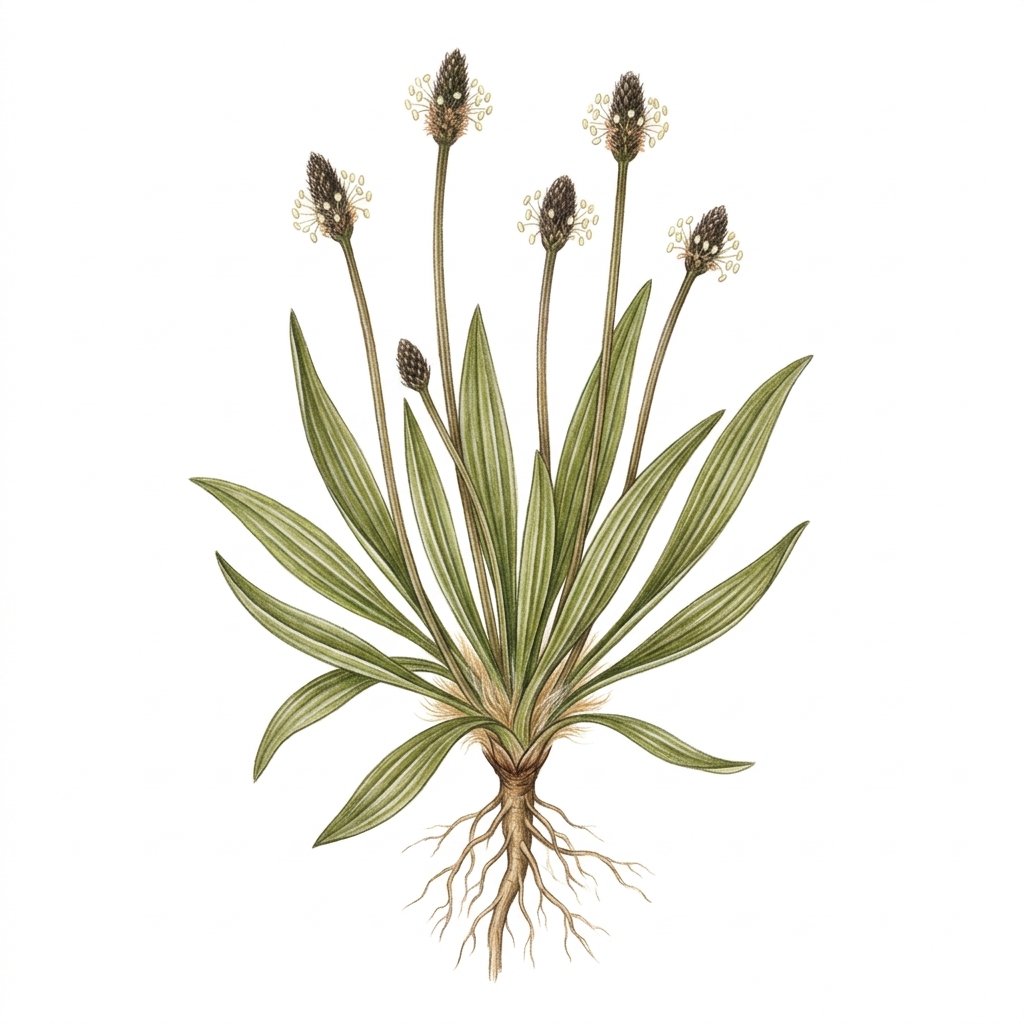 Ribwort plantain (Plantago lanceolata), illustration