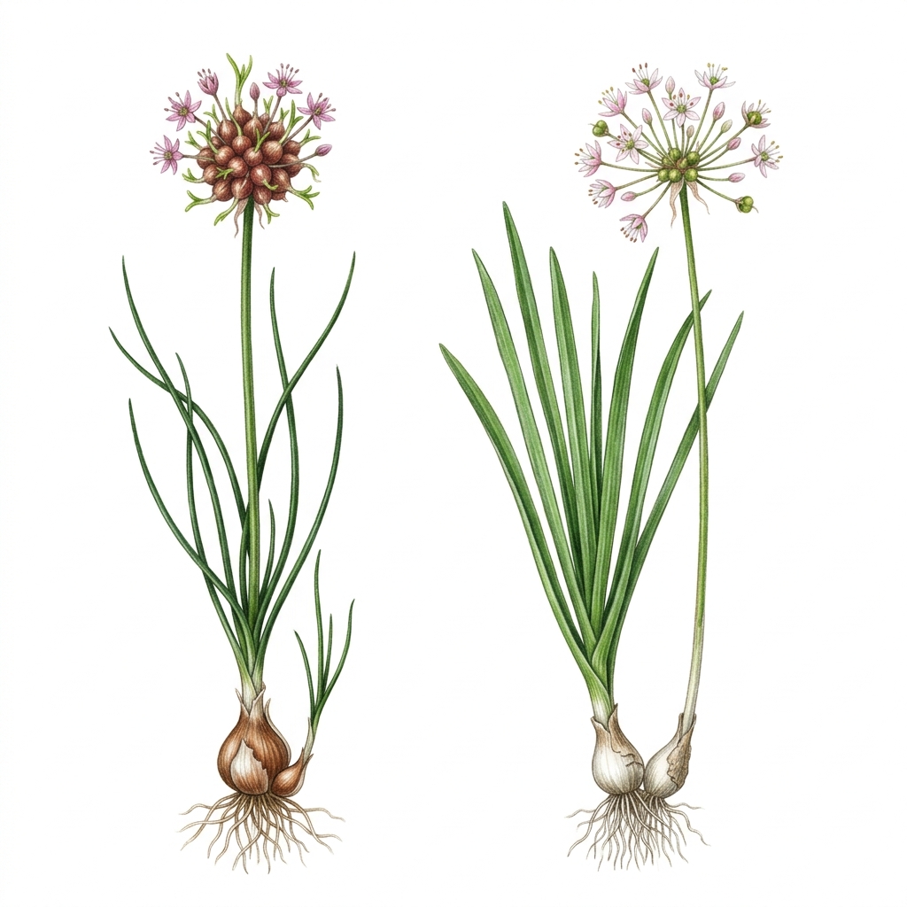 Wild onion and wild garlic (Allium canadense and Allium vineale), illustration