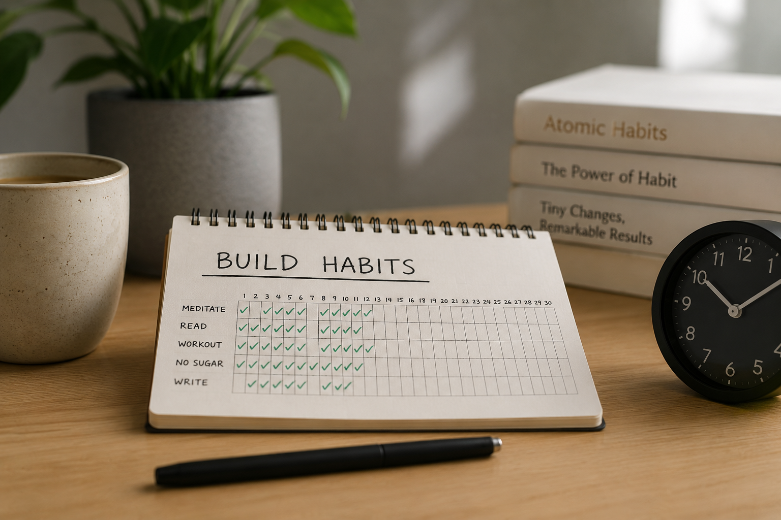 A calm morning desk with coffee, a notebook, a phone, and a simple habit checklist in a warm beige-and-green aesthetic