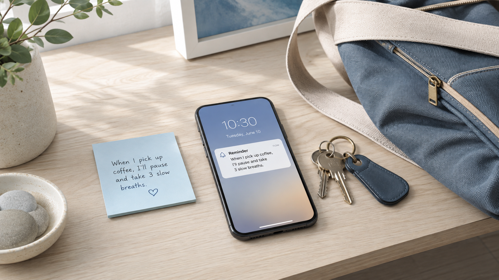 Sticky note, phone reminder, keys, and a blue bag arranged on a softly lit desk as everyday supports for remembering an intention.