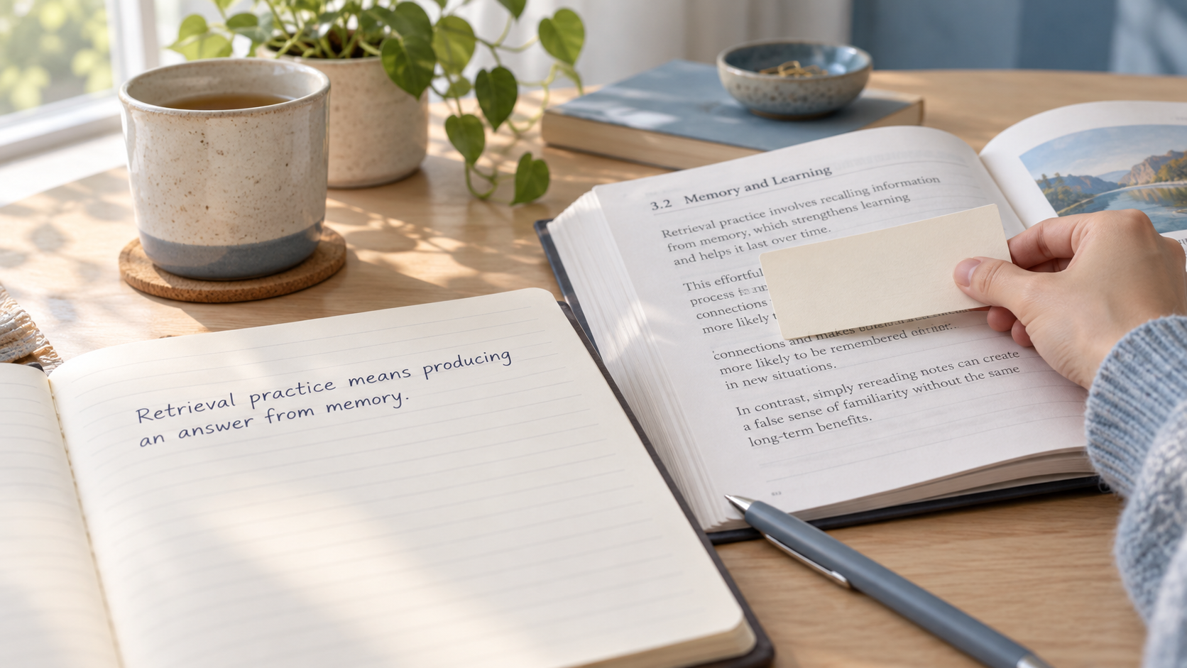 Hand covering a textbook line beside an open notebook with a handwritten definition of retrieval practice on a calm, sunlit study desk