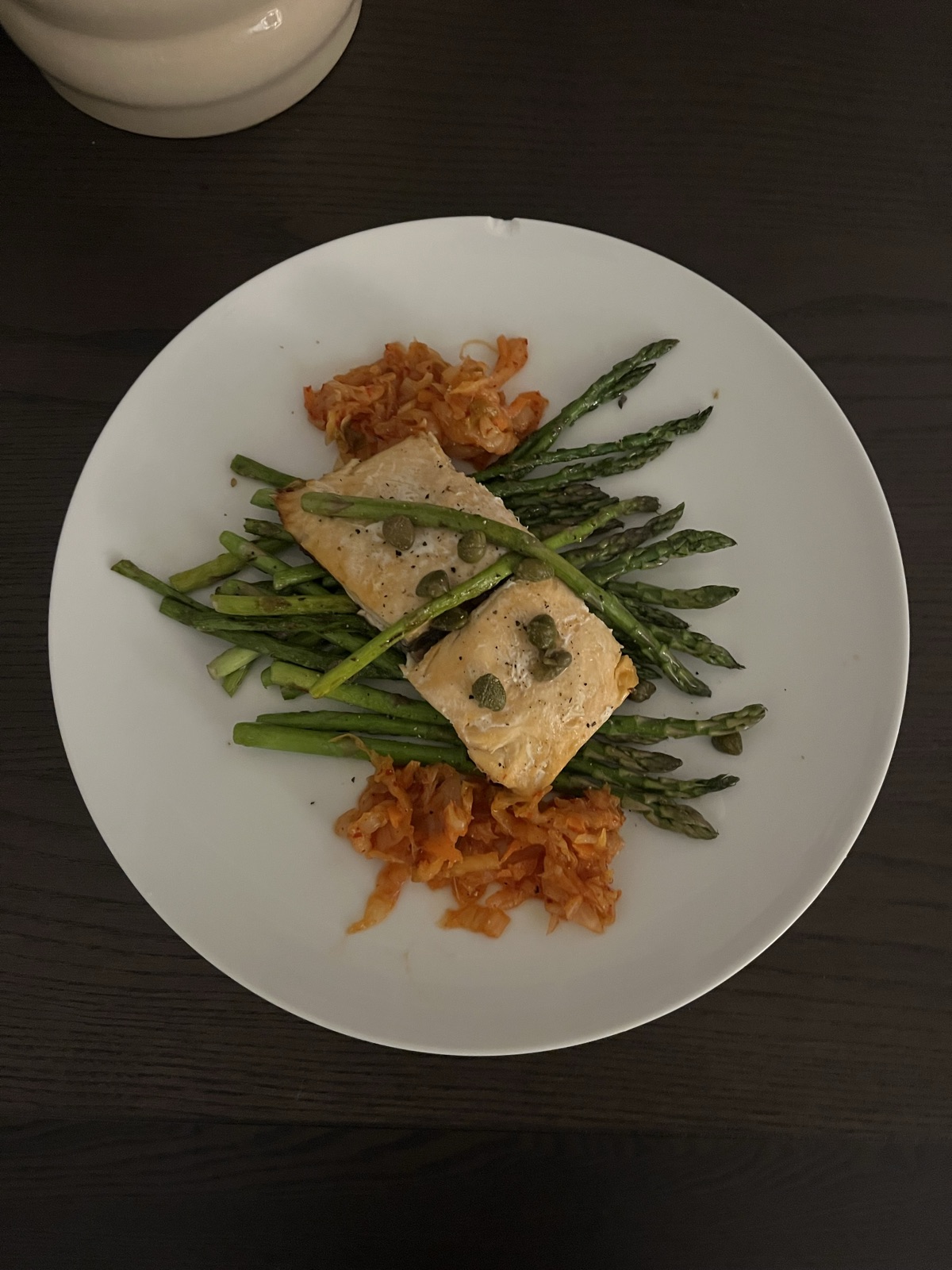 Salmon, asparagus , capers and kimchi  - Image 1