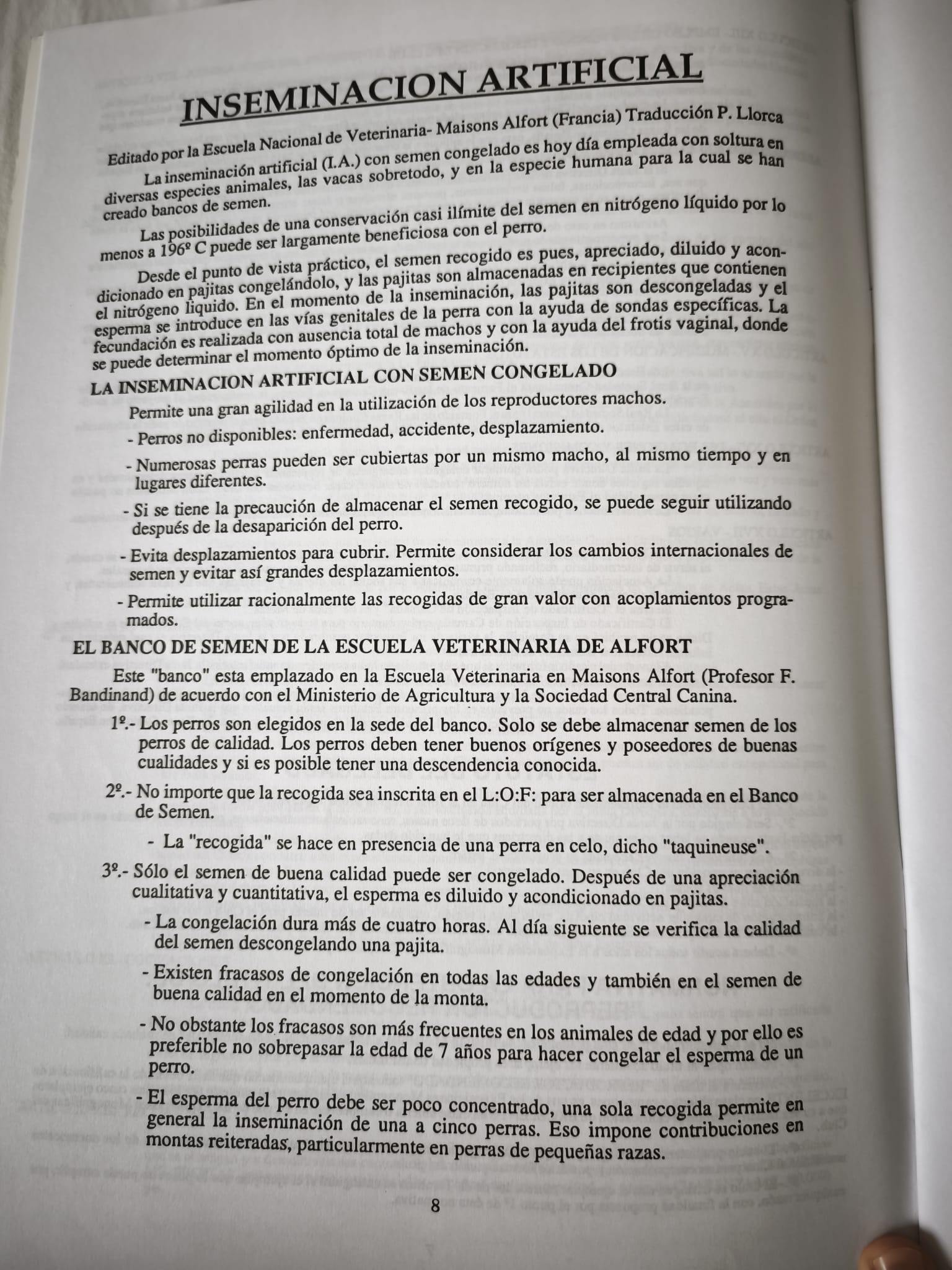 Inseminación artificial con semen congelado en perros, 1992 1