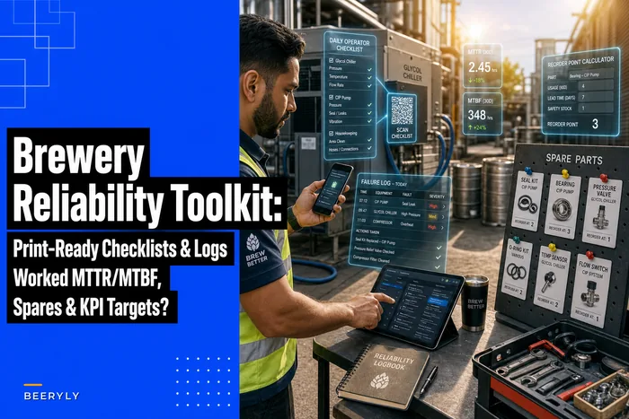 Brewery Reliability Toolkit: Print‑Ready checklists, failure log & spare‑parts cards with worked MTTR/MTBF and KPI targets