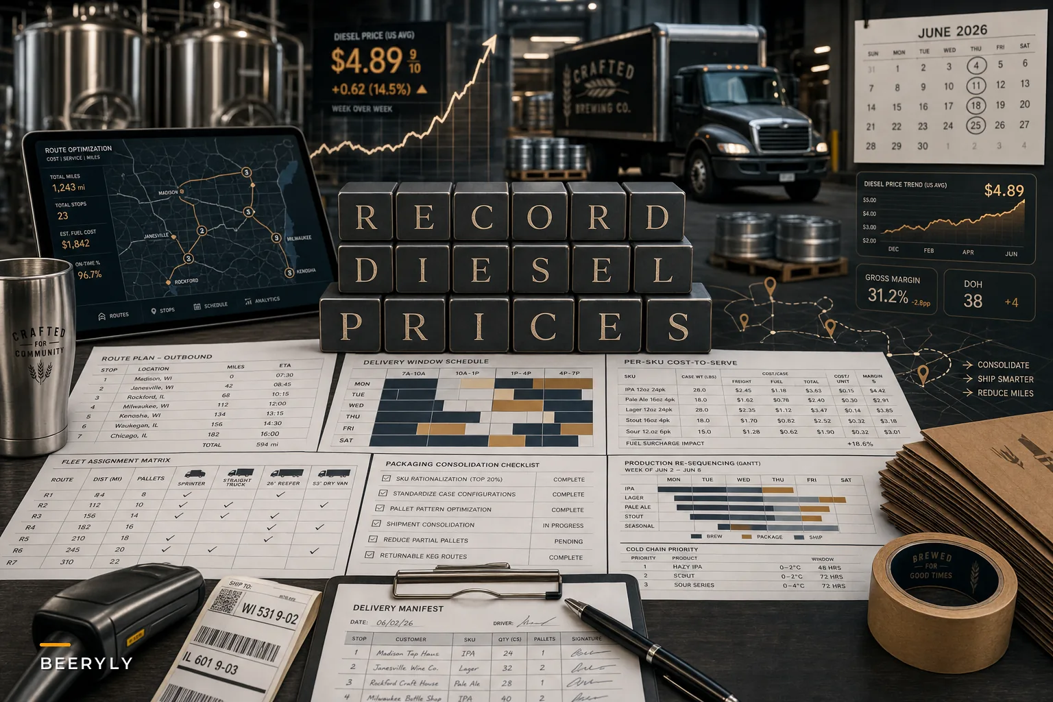 Facing record diesel prices: practical distribution, scheduling and per‑SKU cost tactics for craft breweries