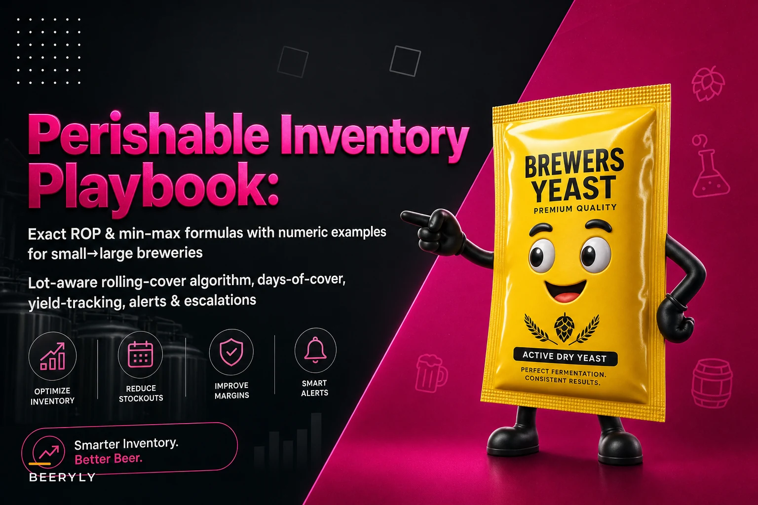 Inventory alerting & yield-tracking playbook for perishable brewery inputs: numeric ROP/min‑max rules, lot‑aware rolling‑cover algorithm and escalation workflows
