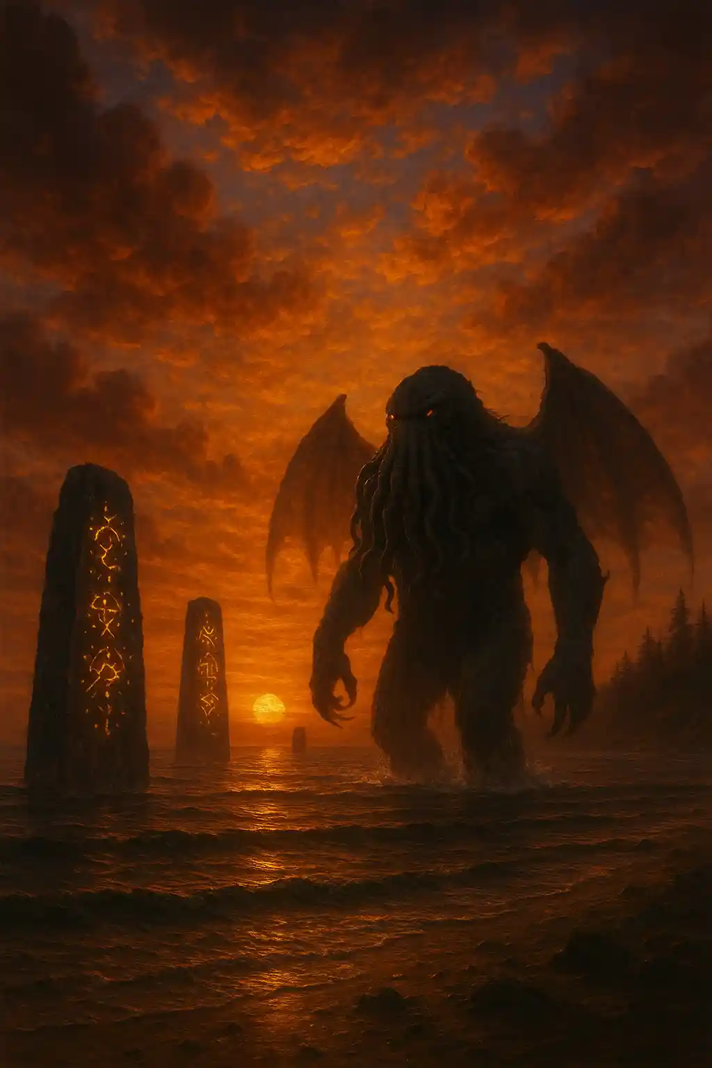 Add Cthulhu walking towards the shore with stone monoliths coming out of the water in random areas closer and further from view. The further monoliths not as focused. covered in magic symbols glowing with unknown energy.
