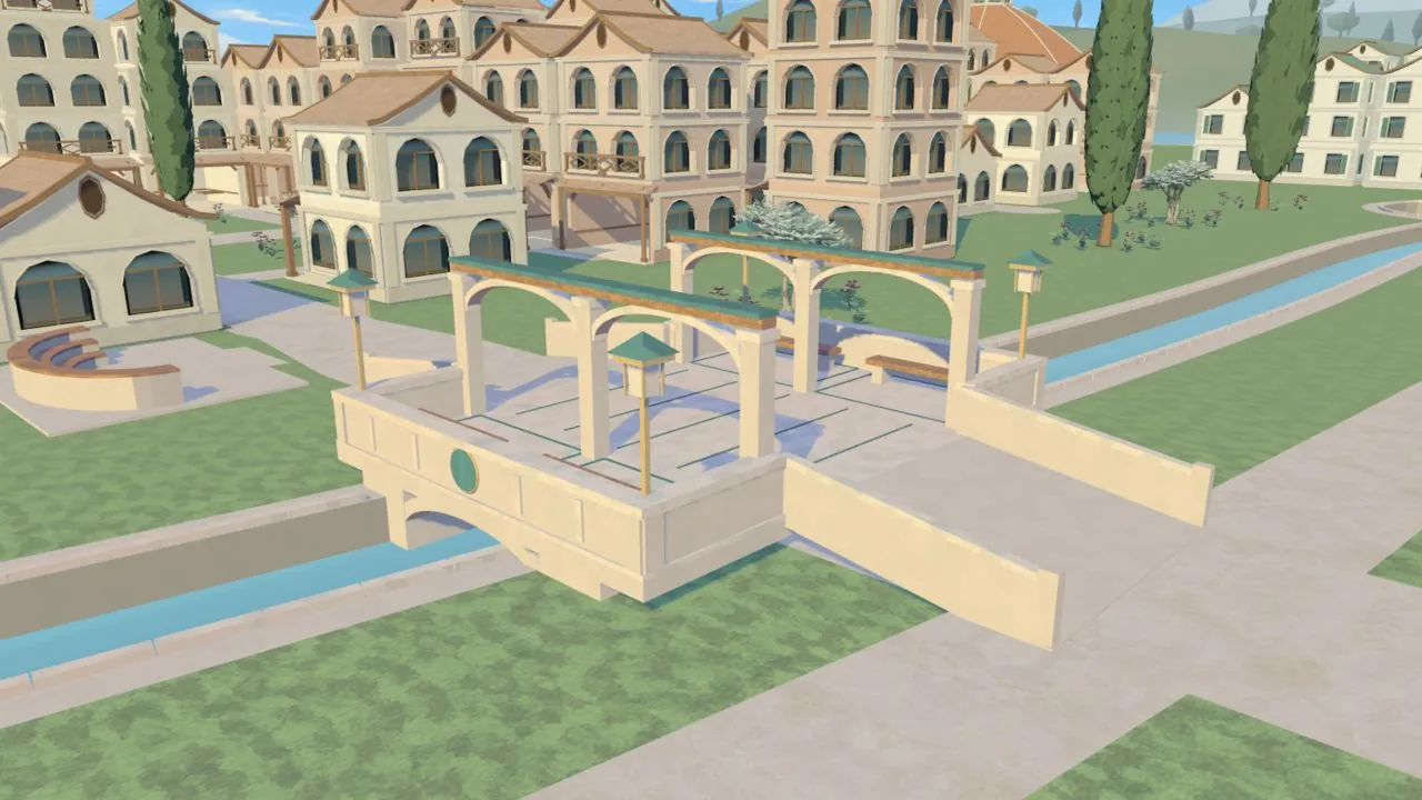 Laurel Bridge over the rivulet, with arcades and homes beyond.